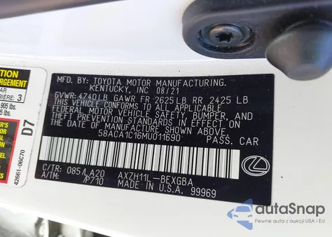 2021 Lexus Es 300H from USA, damaged, VIN 58ACA1C16MU011690
